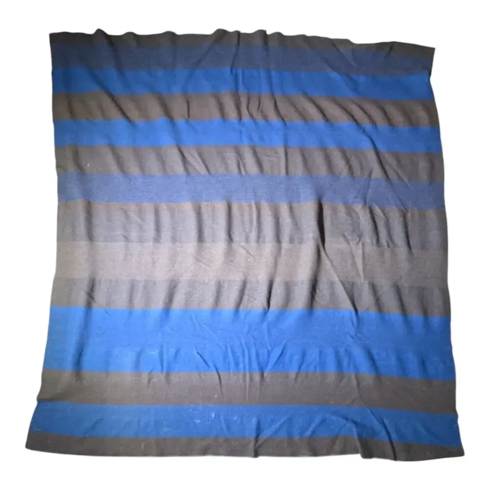 Vtg 1960s Blue Gray Color Block Stripe Wool Camp Throw Blanket 77 x 79